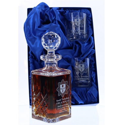 Set of Brigade Engraved Panel Cut Crystal Whisky Decanter with 2 Tumblers, Boxed - H20D