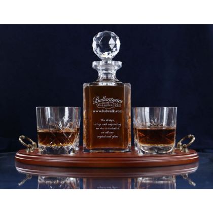 Brigade Engraved Panel Cut Crystal Whisky Decanter with 4 Tumblers Tray Set, Boxed - H20G