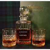 Set of Brigade Engraved Panel Cut Crystal Whisky Decanter with 2 Tumblers, Boxed - H20D