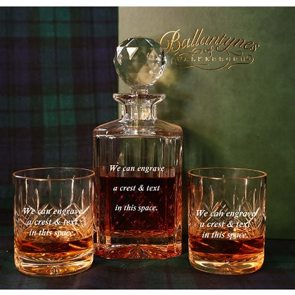 Set of Brigade Engraved Panel Cut Crystal Whisky Decanter with 2 Tumblers, Boxed - H20D