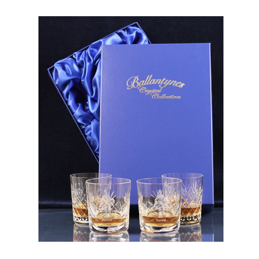 'Saved' Set of 4 Crystal Panel Cut Whisky Tumblers, Boxed - H20C