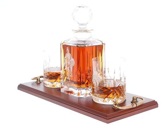 'Saved' Panel Cut Whisky Decanter with 2 Tumblers Tray Set, Boxed - H20F