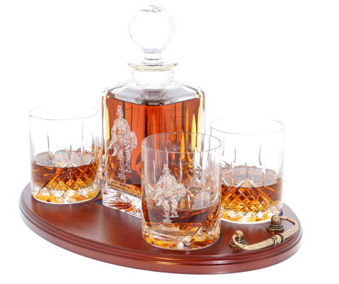 'Saved' Panel Cut Crystal Whisky Decanter with 4 Tumblers Tray Set, Boxed - H20G