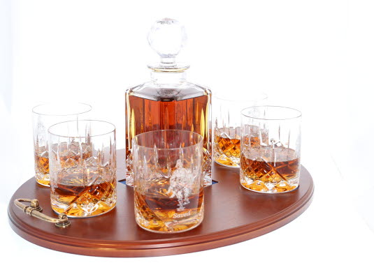 'Saved' Panel Cut Whisky Decanter with 6 Tumblers Tray Set, Boxed - H20H