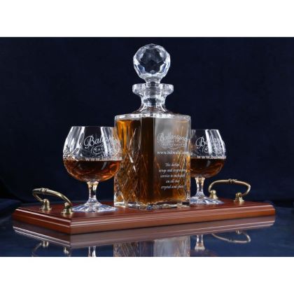 Brigade Engraved Panel Cut Crystal Brandy Decanter with 2 Goblets Tray Set, Boxed - H30F