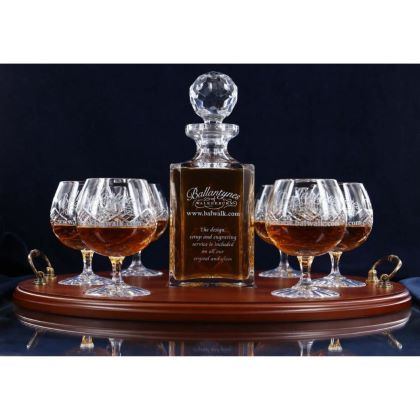 Brigade Engraved Panel Cut Crystal Brandy Decanter with 6 Goblets Tray