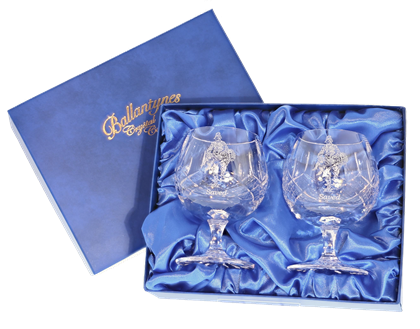 'Saved' Pair of Panel Cut Crystal Brandy Goblets - H30B