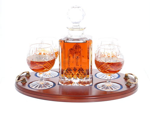 'Saved' Panel Cut Crystal Brandy Decanter with 4 Goblets Tray Set, Boxed - H30G