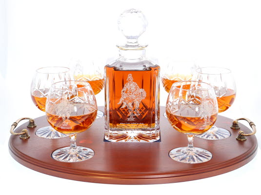 Saved' Panel Cut Crystal Brandy Decanter with 6 Goblets Tray Set, Box