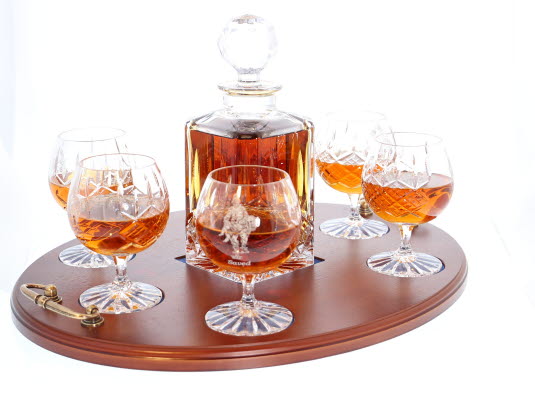 'Saved' Panel Cut Crystal Brandy Decanter with 6 Goblets Tray Set, Boxed - H30H