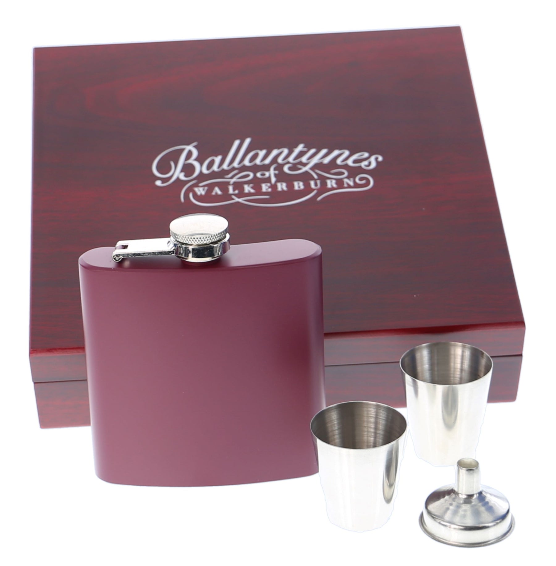 Engraved Maroon Hip Flask Set - HF05