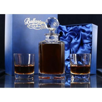 Set of Brigade Engraved Plain Crystal Whisky Decanter with 2 Tumblers, Boxed - H21D