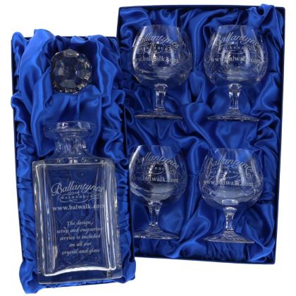 Set of Brigade Engraved Panel Cut Crystal Brandy Decanter with 4 Goblets, Boxed - H30E