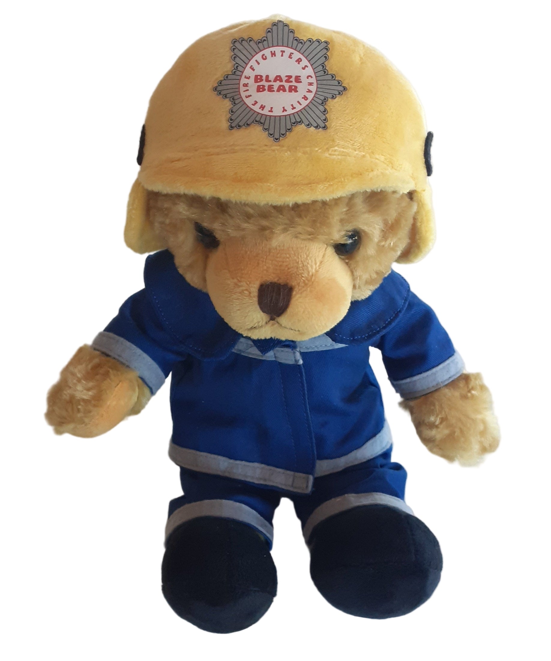 Plush toy bear in a blue uniform with a helmet on a white background