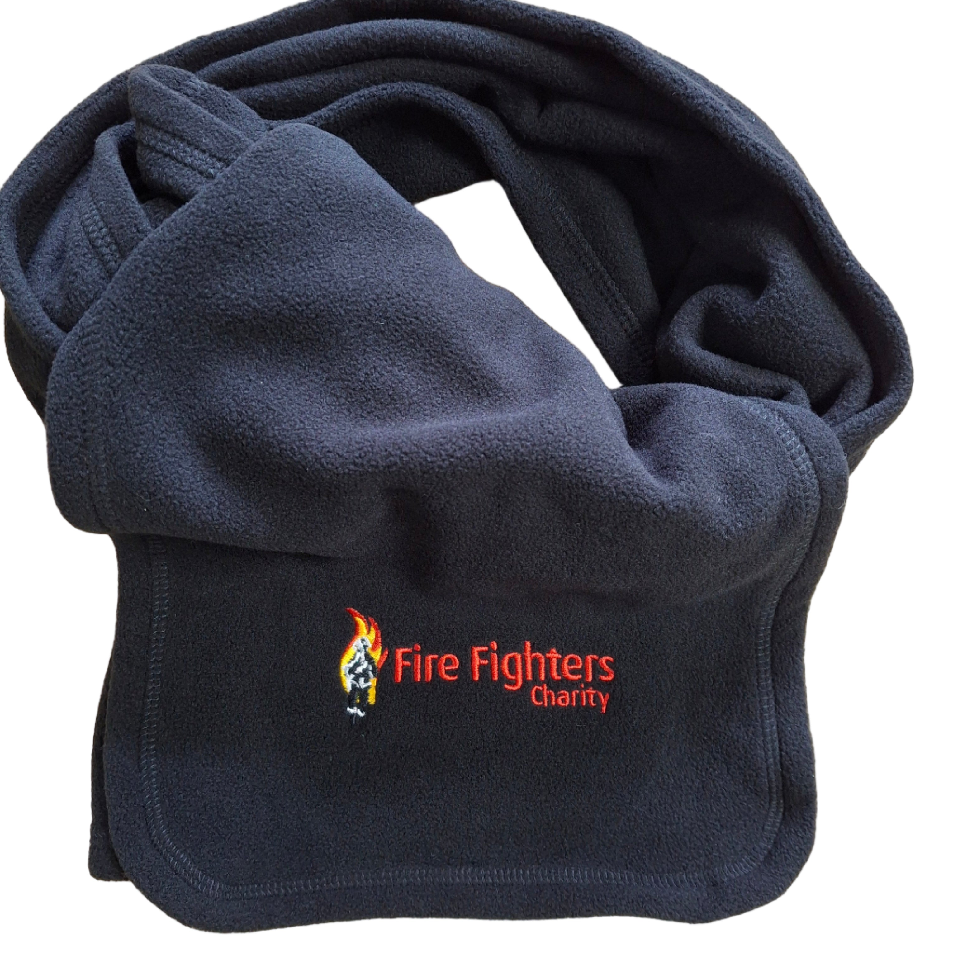 Black fleece neck scarf with 'Fire Fighters Charity' logo embroidered in red
