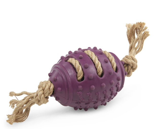 Petface Planet Nobbly Rubber Rugby Ball with Rope Dog Toy