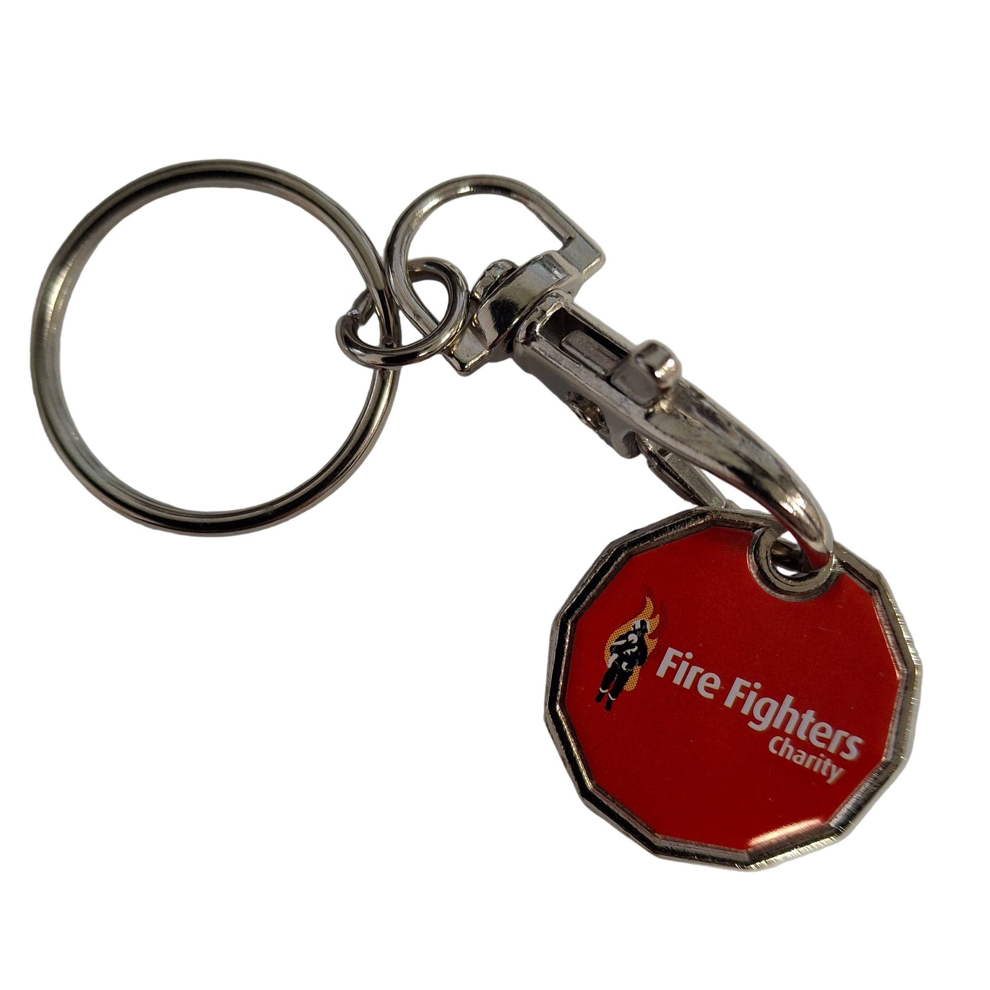 Fire Fighters Charity keychain in the shape of £1 for trolley or lockers red tag 