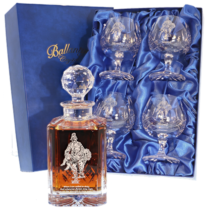 'Saved' Set of Panel Cut Crystal Brandy Decanter and 4 Goblets, Boxed - H30E