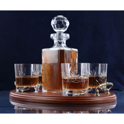 Brigade Engraved Panel Cut Crystal Whisky Decanter with 4 Tumblers Tray Set, Boxed - H20G