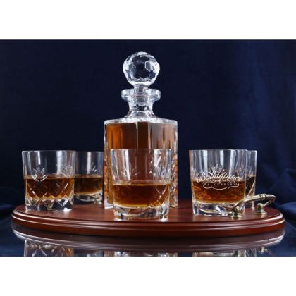 Brigade Engraved Panel Cut Whisky Decanter with 6 Tumblers Tray Set, Boxed - H20H