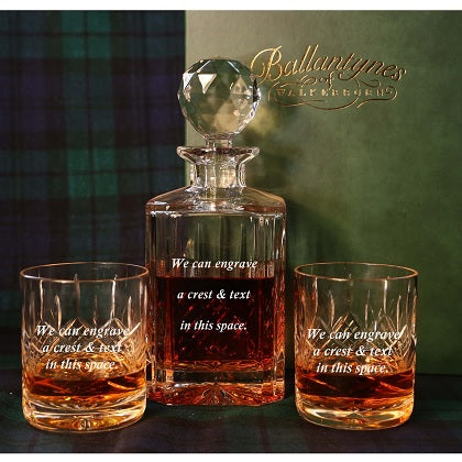 Set of Brigade Engraved Panel Cut Crystal Whisky Decanter with 2 Tumblers, Boxed - H20D