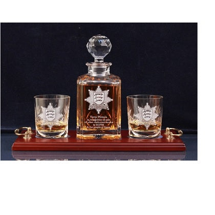 Brigade Engraved Panel Cut Crystal Whisky Decanter with 2 Tumblers Tray Set, Boxed - H20F