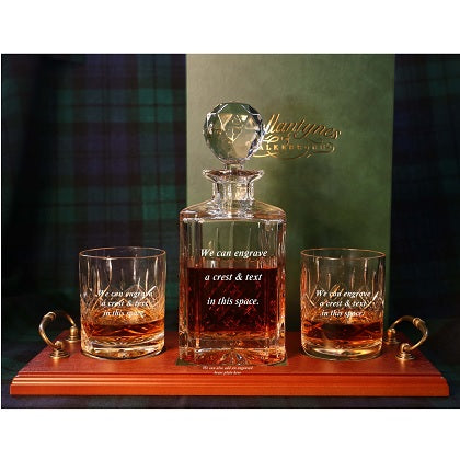Brigade Engraved Panel Cut Crystal Whisky Decanter with 2 Tumblers Tray Set, Boxed - H20F