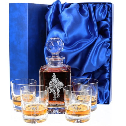 'Saved' Set of Plain Crystal Whisky Decanter with 4 Tumblers, Boxed - H21E