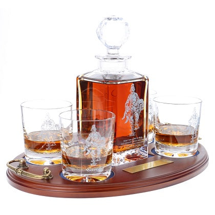 'Saved' Plain Crystal Whisky Decanter with 4 Tumblers Tray Set, Boxed - H21G