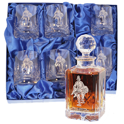 Saved' Set of Panel Cut Crystal Whisky Decanter with 6 Tumblers, Boxed - H20E7