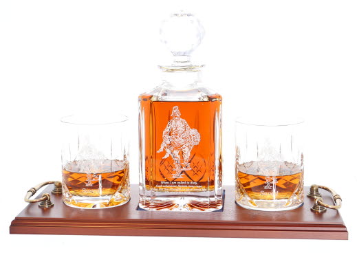 'Saved' Panel Cut Whisky Decanter with 2 Tumblers Tray Set, Boxed - H20F