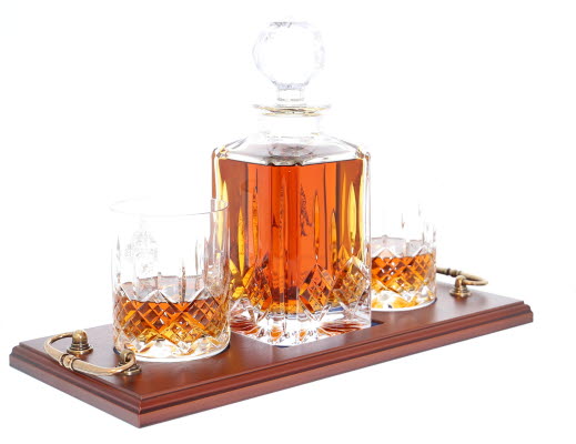 'Saved' Panel Cut Whisky Decanter with 2 Tumblers Tray Set, Boxed - H20F