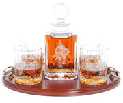 'Saved' Panel Cut Crystal Whisky Decanter with 4 Tumblers Tray Set, Boxed - H20G