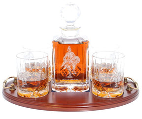 'Saved' Panel Cut Crystal Whisky Decanter with 4 Tumblers Tray Set, Boxed - H20G