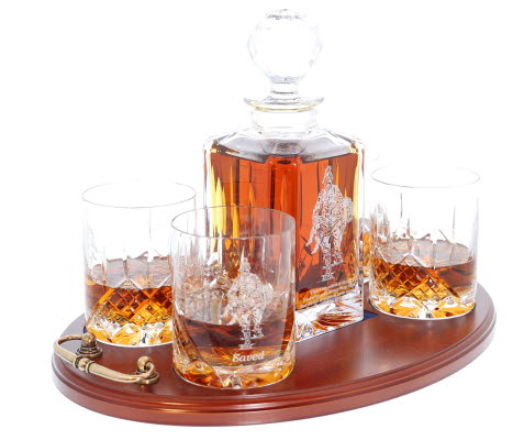 'Saved' Panel Cut Crystal Whisky Decanter with 4 Tumblers Tray Set, Boxed - H20G
