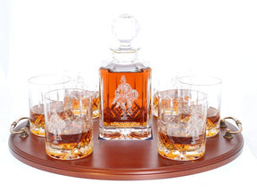 'Saved' Panel Cut Whisky Decanter with 6 Tumblers Tray Set, Boxed - H20H