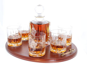 'Saved' Panel Cut Whisky Decanter with 6 Tumblers Tray Set, Boxed - H20H