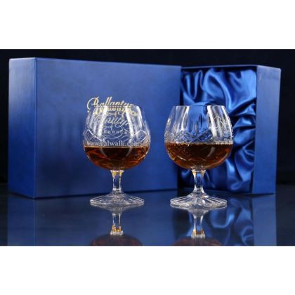 Pair of Brigade Engraved Panel Cut Crystal Brandy Glasses, Boxed - H30B