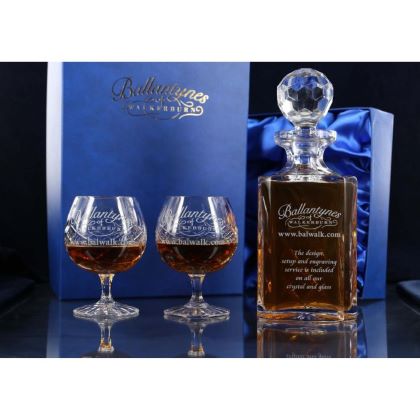 Brigade Engraved Panel Cut Crystal Brandy Decanter with 2 Goblets, Boxed - H30D