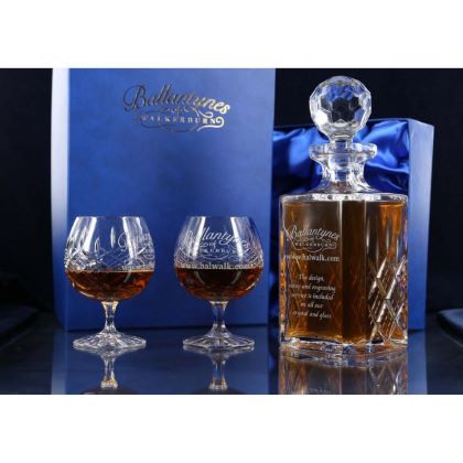 Brigade Engraved Panel Cut Crystal Brandy Decanter with 2 Goblets, Boxed - H30D