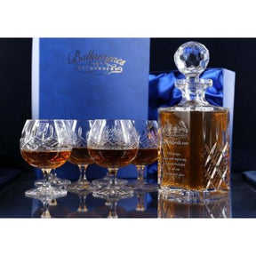 Set of Brigade Engraved Panel Cut Crystal Brandy Decanter with 6 Goblets, Boxed - H30E7