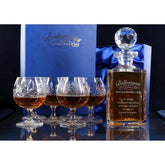 Set of Brigade Engraved Panel Cut Crystal Brandy Decanter with 6 Goblets, Boxed - H30E7