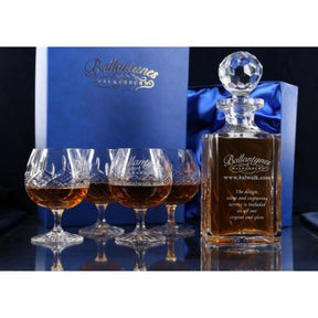 Set of Brigade Engraved Panel Cut Crystal Brandy Decanter with 4 Goblets, Boxed - H30E