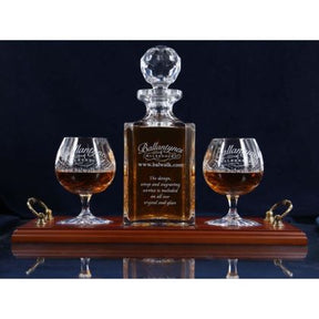 Brigade Engraved Panel Cut Crystal Brandy Decanter with 2 Goblets Tray Set, Boxed - H30F