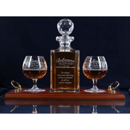 Brigade Engraved Panel Cut Crystal Brandy Decanter with 2 Goblets Tray Set, Boxed - H30F