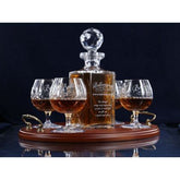 Brigade Engraved Panel Cut Crystal Brandy Decanter with 4 Goblets Tray Set, Boxed - H30G