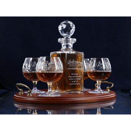 Brigade Engraved Panel Cut Crystal Brandy Decanter with 4 Goblets Tray Set, Boxed - H30G