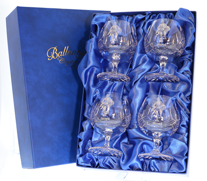 'Saved' Set of 4 Panel Cut Crystal Brandy Goblets, Boxed - H30C