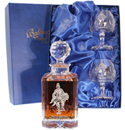 'Saved' Panel Cut Crystal Brandy Decanter with 2 Goblets Set, Boxed - H30D