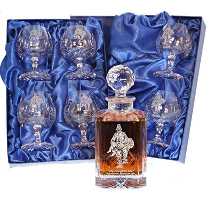 'Saved' Set of Panel Cut Crystal Brandy Decanter with 6 Goblets, Boxed - H30E7